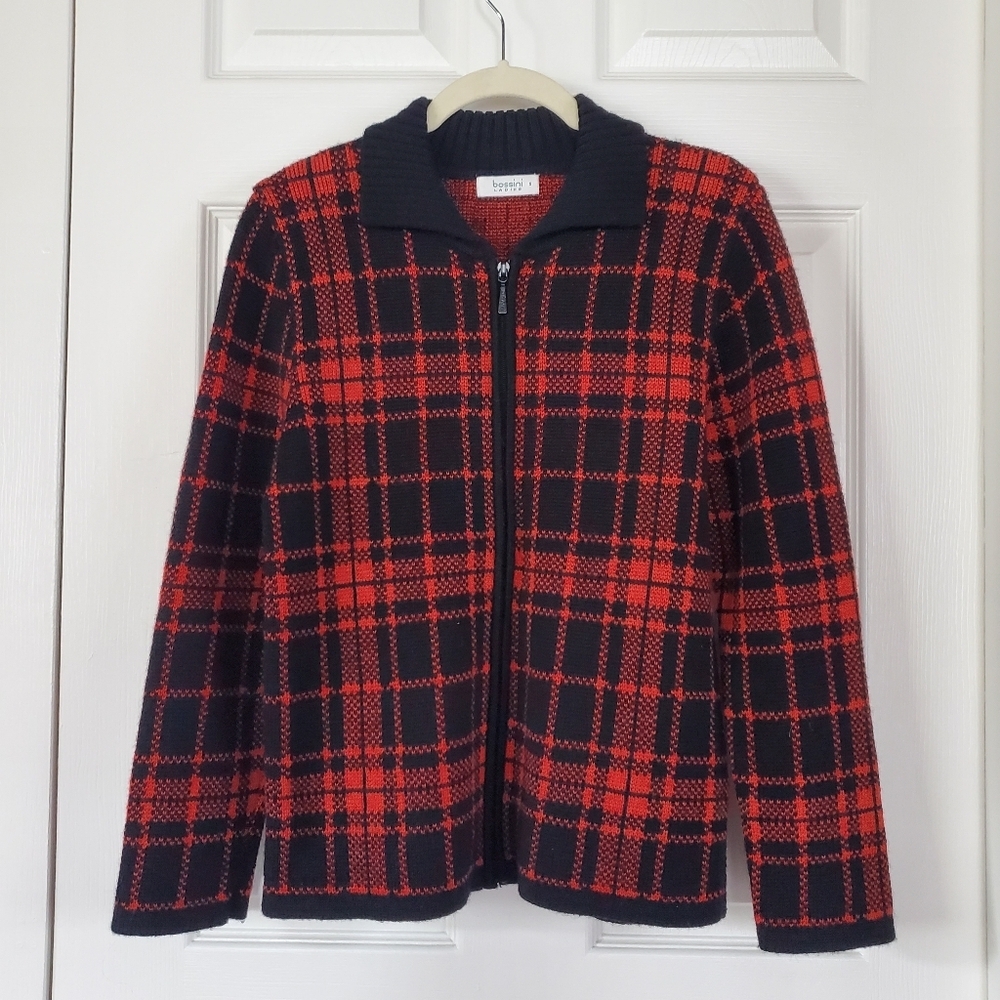Bissini Wool Blend Jacket Sweater Full‎ Zip Orange Black Plaid Long Sleeve Small